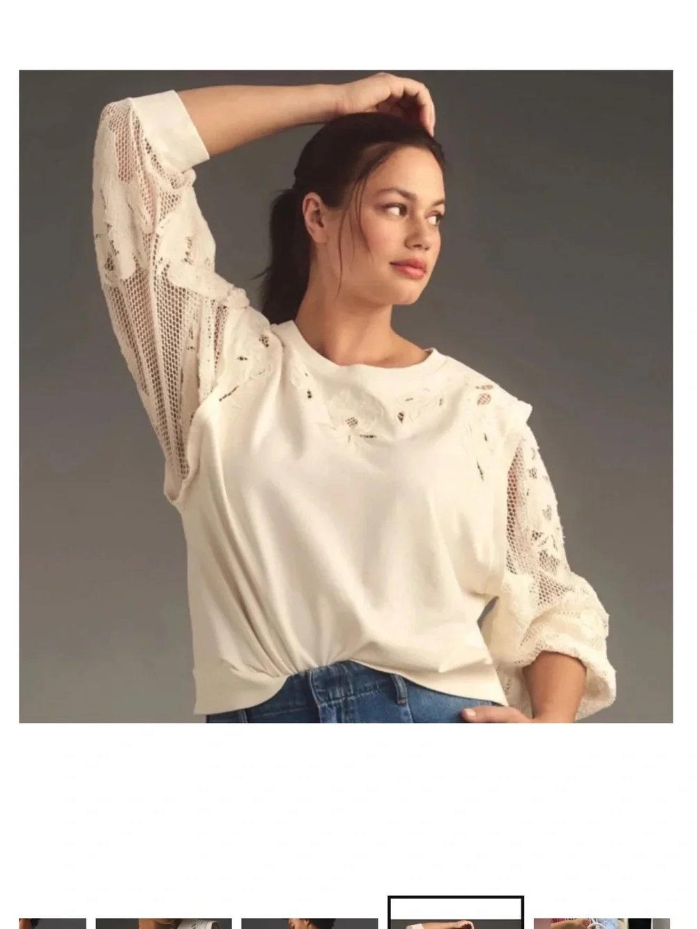 Anthropologie Cream Crochet-Sleeve Embroidered Sweatshirt